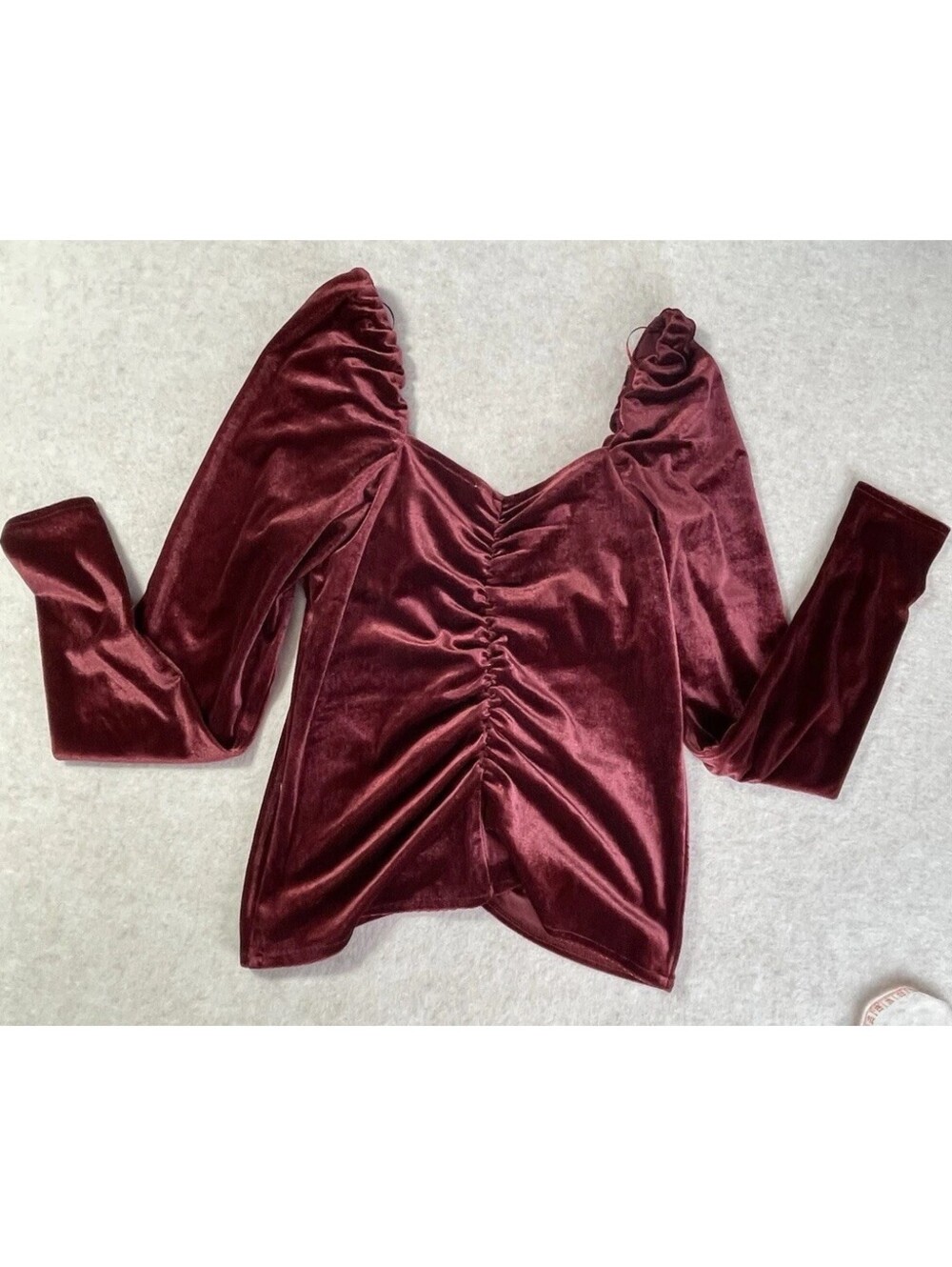 BB Dakota Steve Madden Burgundy Velvet Blouse Top S Long Sleeve Ruched V-Neck